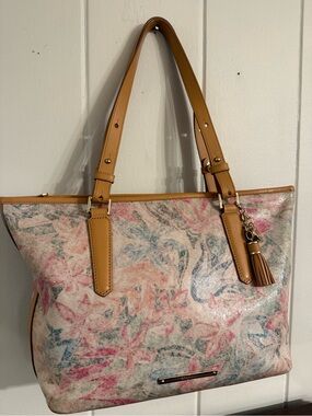 Brahmin Authentic Pastel Multi Color Floral Leather Tote with Tan & Gold Accents
